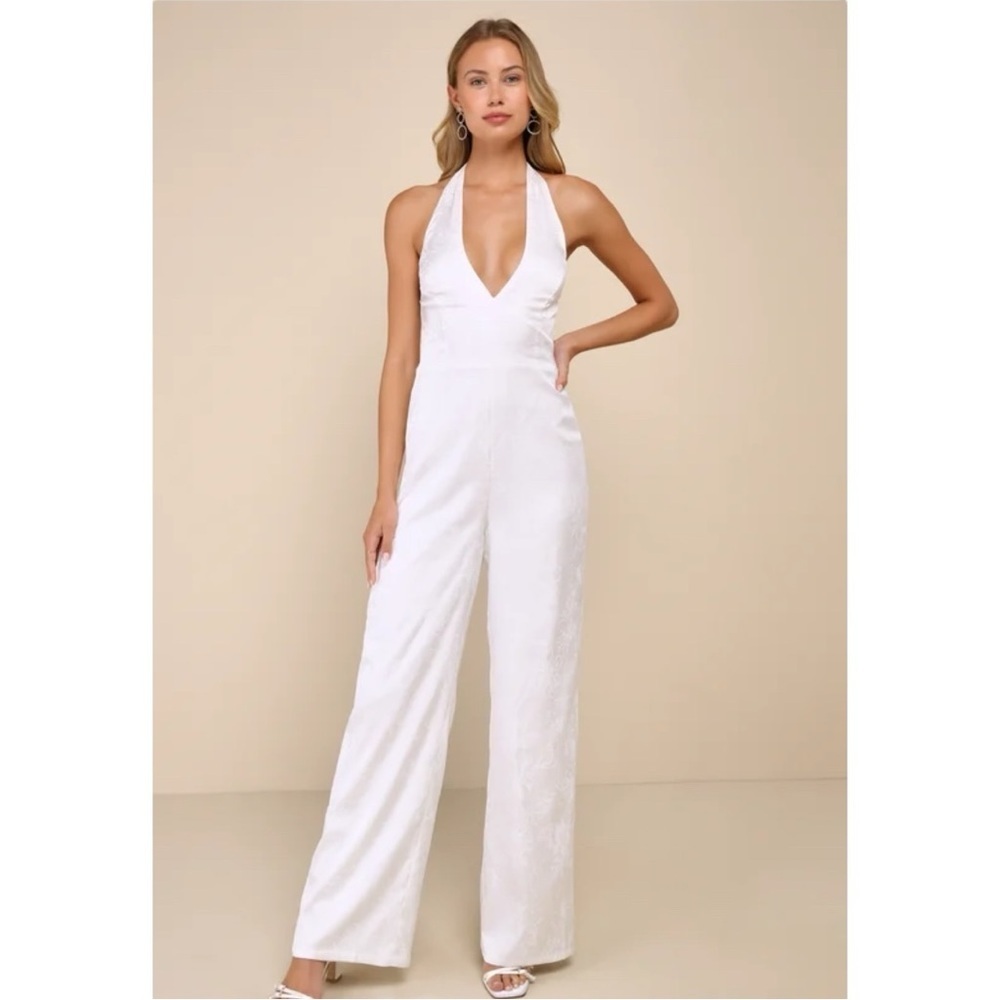 NWT Lulu Elegant Aspect Ivory Floral Jacquard Halter Wide-Leg Jumpsuit XS